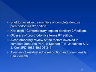  Sheldon wrinkler : essentials of complete denture
prosthodontics 3rd edition.
 Karl mish : Contemporary implant dentistry 3rd edition.
 Glossary of prosthodontics terms 8th edition.
 A contemporary review of the factors involved in
complete dentures Part III: Support T. E. Jacobson & A.
J. Krol JPD 1983;49:306-313.
 A review of residual ridge resorption and bone density:
Esa klemetti
56
 