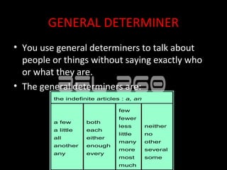 GENERAL DETERMINER
• You use general determiners to talk about
  people or things without saying exactly who
  or what they are.
• The general determiners are:
         the indefinite articles : a, an

                               few
                               fewer
         a few      both
                               less        neither
         a little   each
                               little      no
         all        either
                               many        other
         another    enough
                               more        several
         any        every
                               most        some
                               much
 