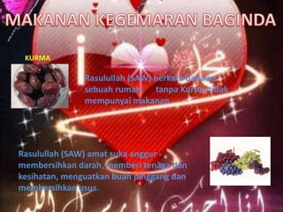 KURMA

Rasulullah (SAW) berkata bahawa
sebuah rumah
tanpa Kurma tidak
mempunyai makanan.

Rasulullah (SAW) amat suka anggur membersihkan darah, memberi tenaga dan
kesihatan, menguatkan buah pinggang dan
membersihkan usus.

 