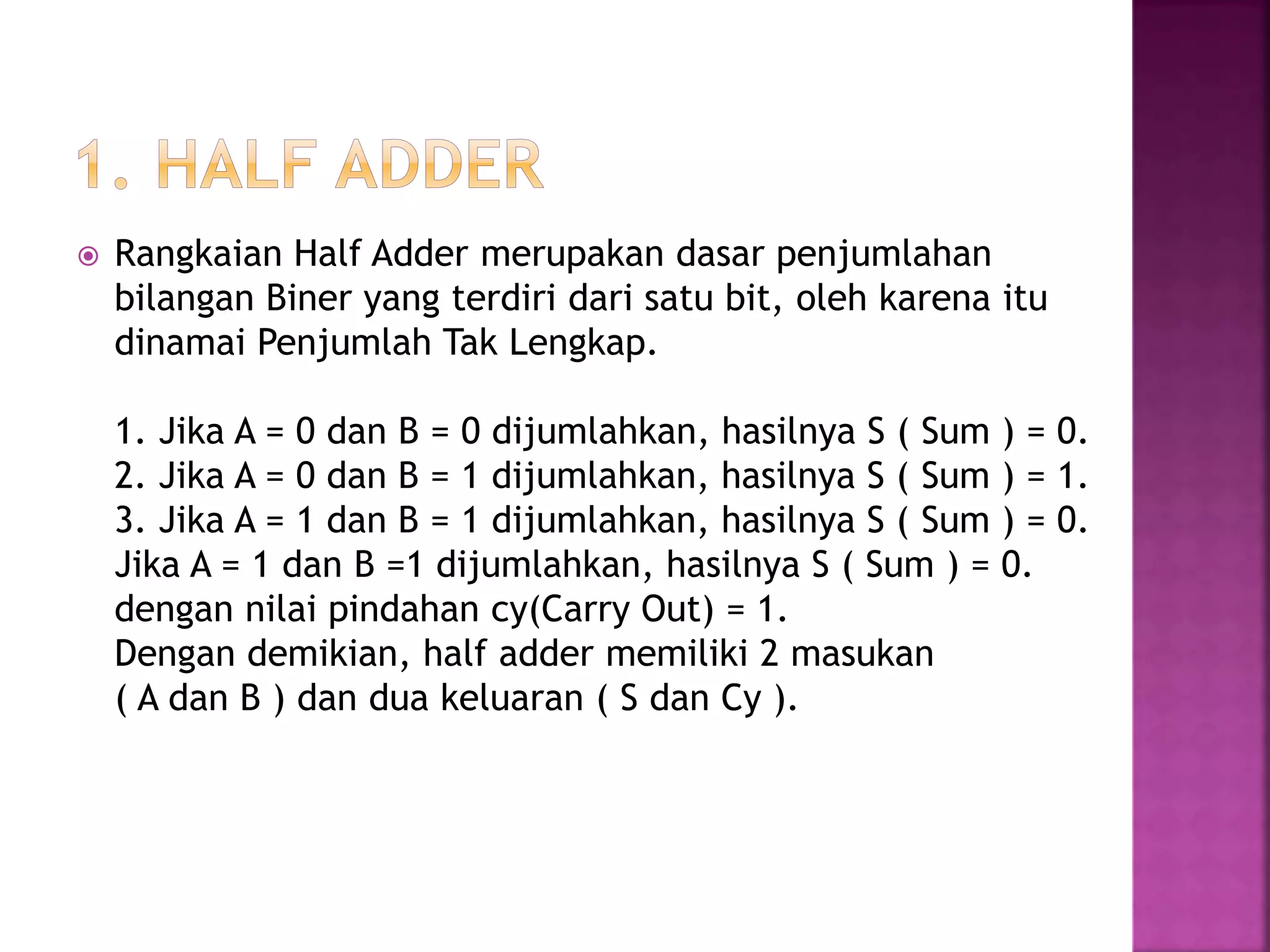  Rangkaian Half Adder merupakan dasar penjumlahan
bilangan Biner yang terdiri dari satu bit, oleh karena itu
dinamai Penjumlah Tak Lengkap.
1. Jika A = 0 dan B = 0 dijumlahkan, hasilnya S ( Sum ) = 0.
2. Jika A = 0 dan B = 1 dijumlahkan, hasilnya S ( Sum ) = 1.
3. Jika A = 1 dan B = 1 dijumlahkan, hasilnya S ( Sum ) = 0.
Jika A = 1 dan B =1 dijumlahkan, hasilnya S ( Sum ) = 0.
dengan nilai pindahan cy(Carry Out) = 1.
Dengan demikian, half adder memiliki 2 masukan
( A dan B ) dan dua keluaran ( S dan Cy ).
 