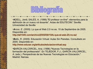 Bibliografía A DELL, Jordi; SALES, A. (1999)."El profesor on-line": elementos para la definición de un nuevo rol docente". Actas de EDUTEC99." Sevilla: Universidad de Sevilla A rcos. E. (2005) . Lo que el Web 2.0 no es. 10 de Septiembre de 2005. Disponible en:  http://alt1040.com/ archivo /2005/09/10/lo-que-el-web-20-no-es/ B ello, R. (2005) . Educación Virtual: Aulas Sin Paredes. Consultado en 2005. Disponible en:  http://www. educar .org/ articulos / educacionvirtual .asp G ARCÍA-VALCÁRCEL, Ana. (1996)."Nuevas Tecnologías en la formación del profesorado". En TEJEDOR, F.J.; GARCÍA VALCÁRCEL, A. (eds.). Perspectivas de las Nuevas Tecnologías en Educación." Madrid: Narcea.   