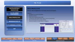TSC -FC (S)
FC VTC (VIDEO
CONFERENCE)
INDLS PROFILE SYS
INDIGENOUS DEV DF
FC (OWN)MAIL SYSTEM
ERP
DIGITALIZATION /
INNOVATION
Digital Forensic
CDR Geofencing
Data
Recovery
Social Media
Discovery
Tr and Trace
RAT (bug)
Mobile Tr &
Trace IVAS system NADRA
VERISYS
Digitalization/Innovation
FC VTC video
conference
Indls Profile
Sys
Indigenous
Dev DF
FC (own)
mail system
ERP
INDLS PROFILE SYS
Inhouse data management of any Guest, Source and Suspect .
Features
• Detailed Low Down of profiles.
• Advance search.
• Data can be search as per tribe
• Connected with all the units with fc secure connectivity
• Structured data for accurate analysis
• Advance analysis of each field or category.
 