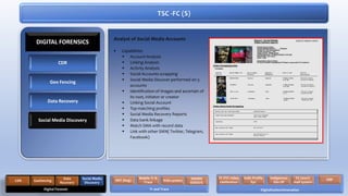 Analyst of Social Media Accounts
 Capabilities
 Account Analysis
 Linking Analysis
 Activity Analysis
 Social Accounts scrapping
 Social Media Discover performed on 5
accounts
 Identification of images and ascertain of
its root, initiator or creator
 Linking Social Account
 Top matching profiles
 Social Media Recovery Reports
 Data bank linkage
 Match SMA with record data
 Link with other SMN( Twitter, Telegram,
Facebook)
TSC -FC (S)
CDR
Geo Fencing
Data Recovery
Social Media Discovery
DIGITAL FORENSICS
Digital Forensic
CDR Geofencing
Data
Recovery
Social Media
Discovery
Tr and Trace
RAT (bug)
Mobile Tr &
Trace IVAS system NADRA
VERISYS
Digitalization/Innovation
FC VTC video
conference
Indls Profile
Sys
Indigenous
Dev DF
FC (own)
mail system
ERP
 