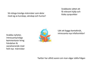 Lätt att bygga kontaktnät,
intressanta nya infallsvinklar!
Snabba nyheter,
intressanta/roliga
kommentarer kring
händelser &
socialiserande med
helt nya människor
Twitter har alltid svaren om man vågar ställa frågan
Snabbaste sättet att
få relevant hjälp och
kloka synpunkter
Så många trevliga människor som delar
med sig av kunskap, vänskap och humor!
 