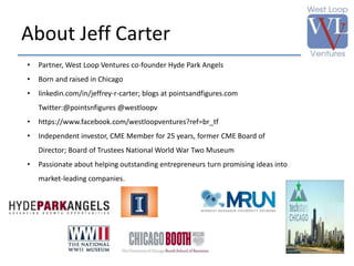 About Jeff Carter 
• Partner, West Loop Ventures co-founder Hyde Park Angels 
• Born and raised in Chicago 
• linkedin.com/in/jeffrey-r-carter; blogs at pointsandfigures.com 
Twitter:@pointsnfigures @westloopv 
• https://www.facebook.com/westloopventures?ref=br_tf 
• Independent investor, CME Member for 25 years, former CME Board of 
Director; Board of Trustees National World War Two Museum 
• Passionate about helping outstanding entrepreneurs turn promising ideas into 
market-leading companies. 
 