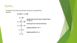Conti…
1) Minimize the following Boolean expression using Boolean
identities
F(A,B,C) = (A+B)
 