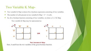 Two Variable K Map-
 Two variable K Map is drawn for a boolean expression consisting of two variables.
 The number of cells present in two variable K Map = 22
= 4 cells.
 So, for a boolean function consisting of two variables, we draw a 2 x 2 K Map.
Two variable K Map may be represented as-
Here, A and B are the two variables of the given boolean function.
 
