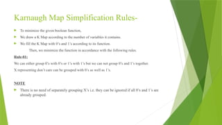 Karnaugh Map Simplification Rules-
 To minimize the given boolean function,
 We draw a K Map according to the number of variables it contains.
 We fill the K Map with 0’s and 1’s according to its function.
Then, we minimize the function in accordance with the following rules.
Rule-01:
We can either group 0’s with 0’s or 1’s with 1’s but we can not group 0’s and 1’s together.
X representing don’t care can be grouped with 0’s as well as 1’s.
NOTE
 There is no need of separately grouping X’s i.e. they can be ignored if all 0’s and 1’s are
already grouped.
 