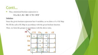 Conti…
 Thus, minimized boolean expression is-
F(A, B, C, D) = BD + C’D + B’D’
Solution-
Since the given boolean expression has 4 variables, so we draw a 4 x 4 K Map.
We fill the cells of K Map in accordance with the given boolean function.
Then, we form the groups in accordance with the above rules.
 
