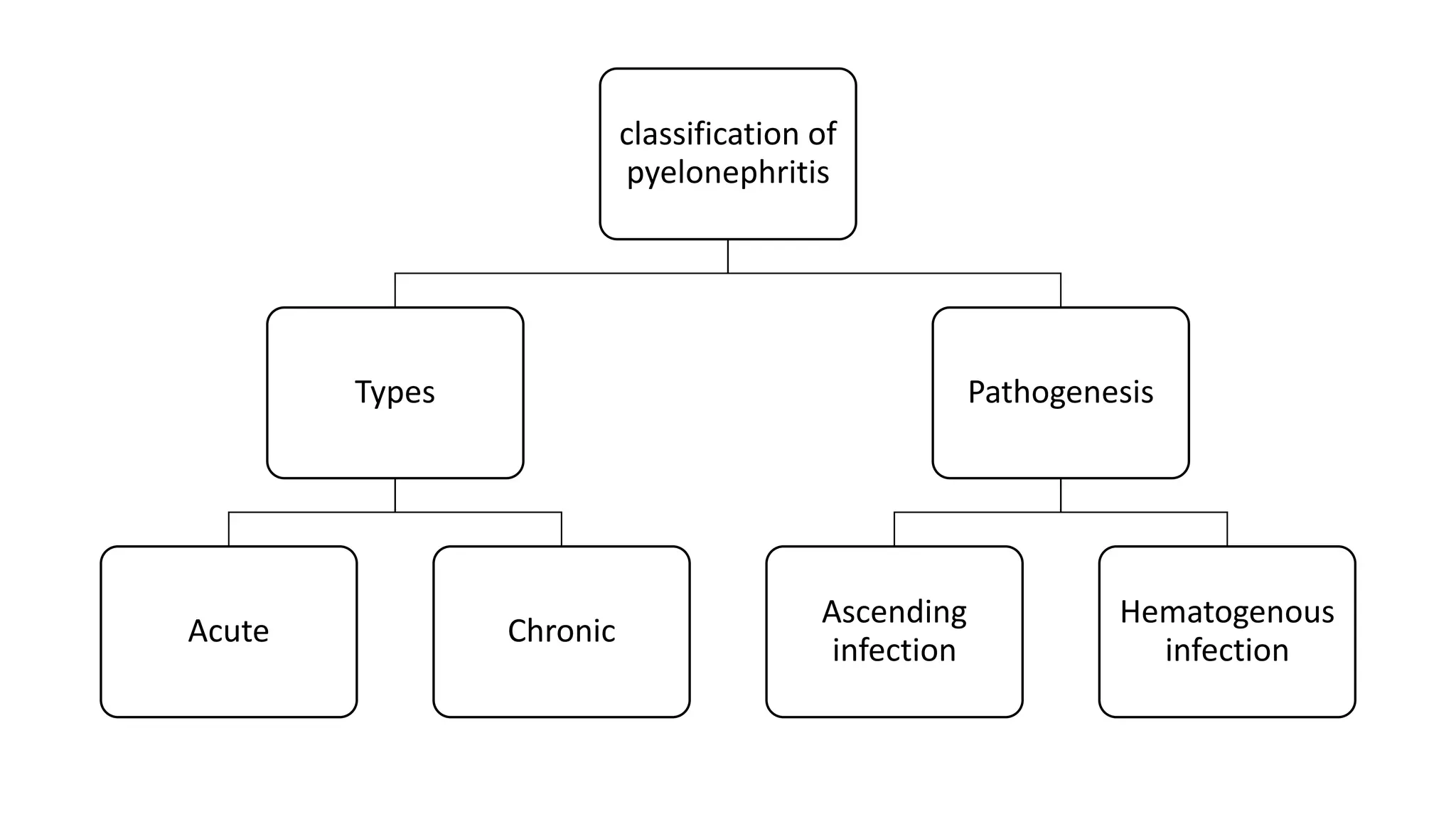 classification of
pyelonephritis
Types
Acute Chronic
Pathogenesis
Ascending
infection
Hematogenous
infection
 