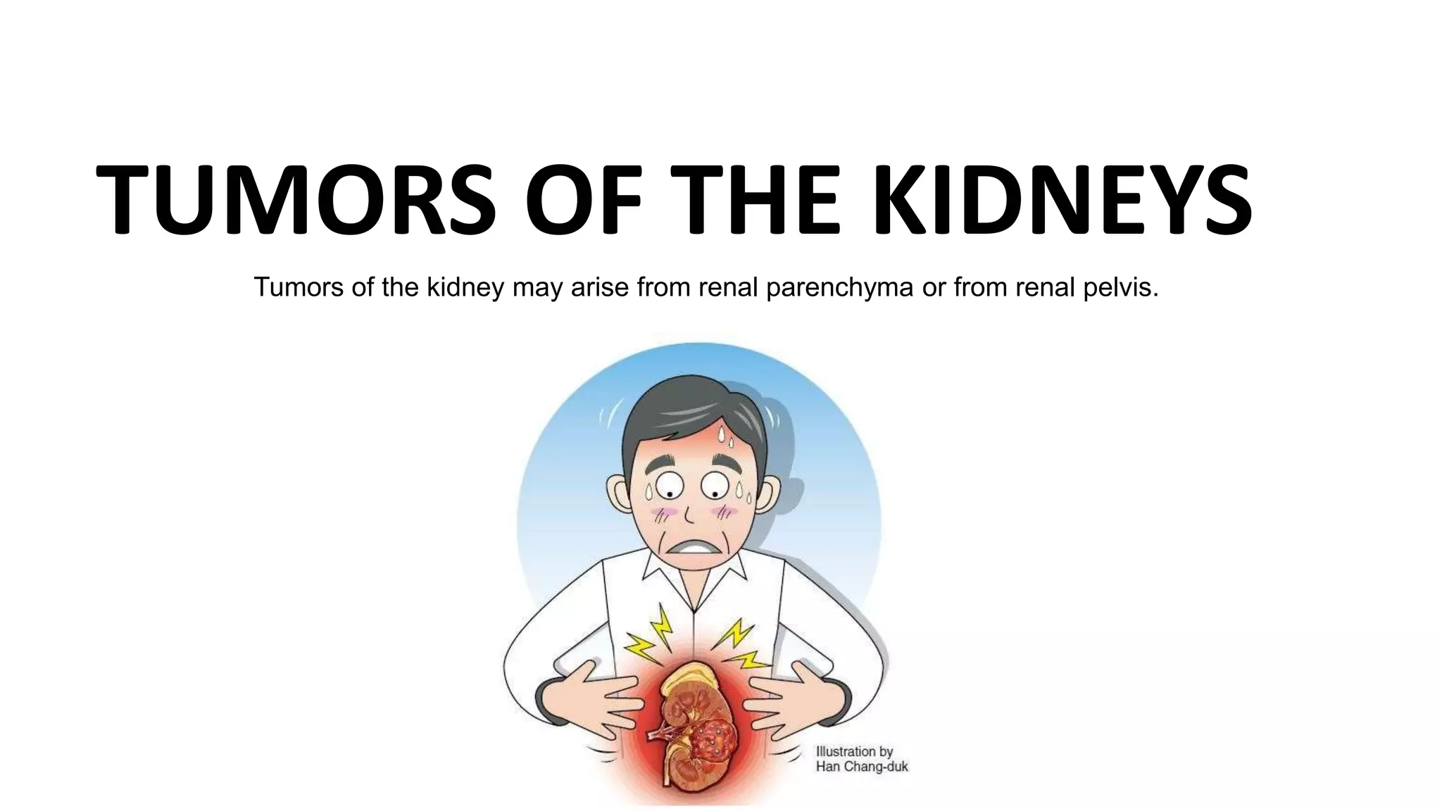 TUMORS OF THE KIDNEYS
Tumors of the kidney may arise from renal parenchyma or from renal pelvis.
 