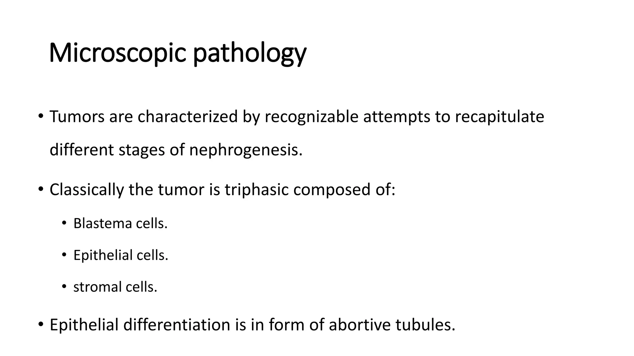 Microscopic pathology
• Tumors are characterized by recognizable attempts to recapitulate
different stages of nephrogenesis.
• Classically the tumor is triphasic composed of:
• Blastema cells.
• Epithelial cells.
• stromal cells.
• Epithelial differentiation is in form of abortive tubules.
 