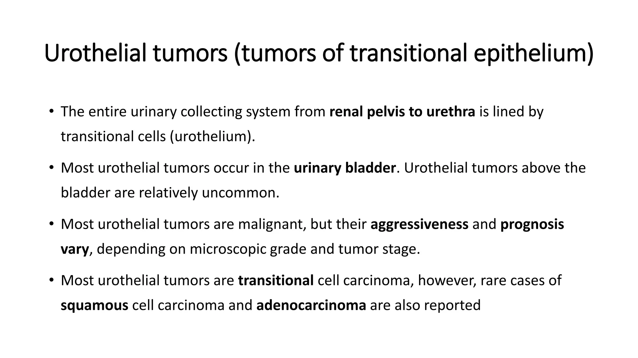 Urothelial tumors (tumors of transitional epithelium)
• The entire urinary collecting system from renal pelvis to urethra is lined by
transitional cells (urothelium).
• Most urothelial tumors occur in the urinary bladder. Urothelial tumors above the
bladder are relatively uncommon.
• Most urothelial tumors are malignant, but their aggressiveness and prognosis
vary, depending on microscopic grade and tumor stage.
• Most urothelial tumors are transitional cell carcinoma, however, rare cases of
squamous cell carcinoma and adenocarcinoma are also reported
 