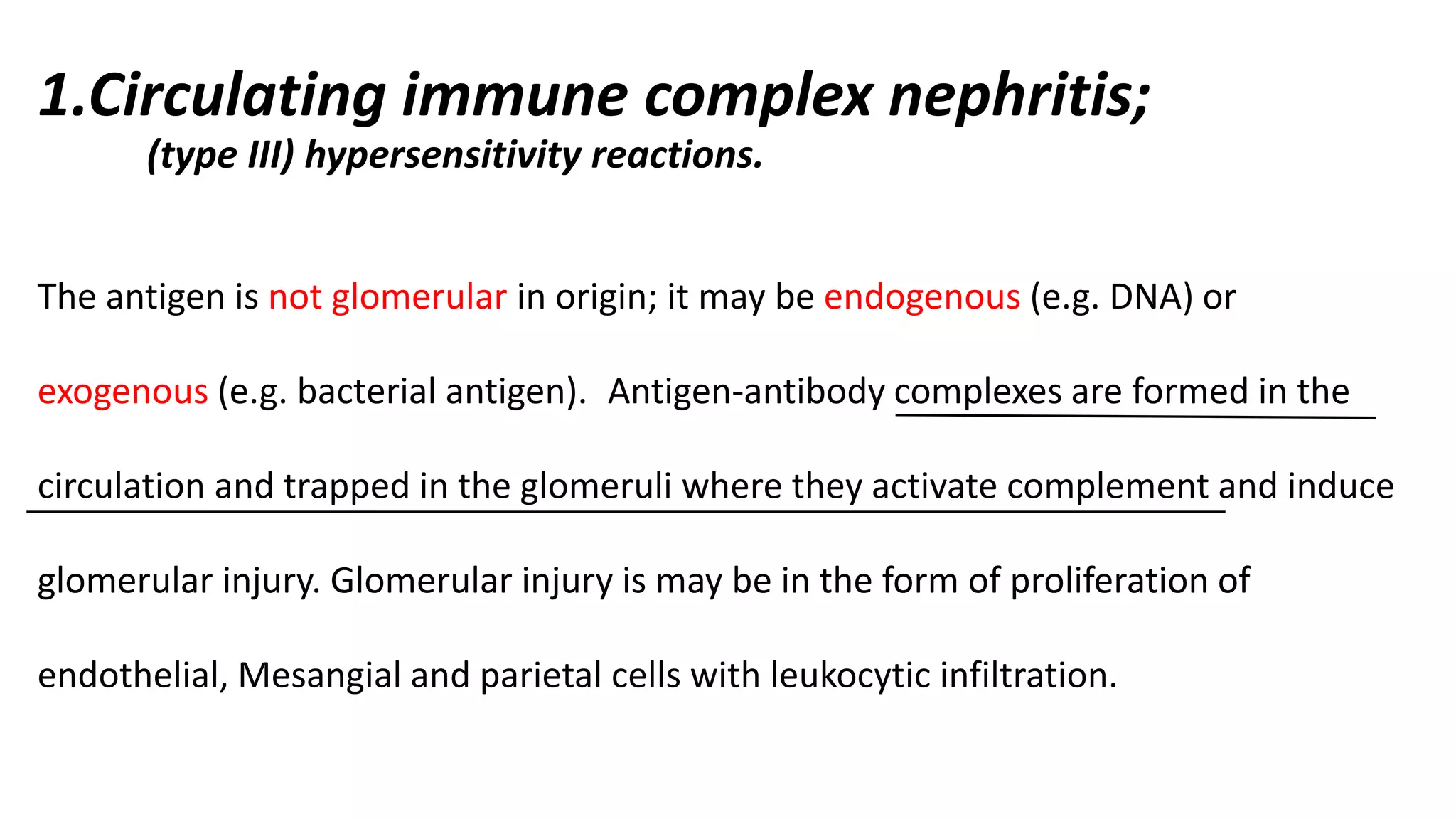 1.Circulating immune complex nephritis;
(type III) hypersensitivity reactions.
The antigen is not glomerular in origin; it may be endogenous (e.g. DNA) or
exogenous (e.g. bacterial antigen). Antigen-antibody complexes are formed in the
circulation and trapped in the glomeruli where they activate complement and induce
glomerular injury. Glomerular injury is may be in the form of proliferation of
endothelial, Mesangial and parietal cells with leukocytic infiltration.
 
