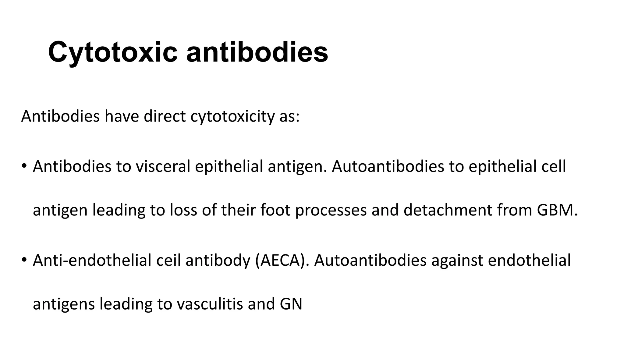 Cytotoxic antibodies
Antibodies have direct cytotoxicity as:
• Antibodies to visceral epithelial antigen. Autoantibodies to epithelial cell
antigen leading to loss of their foot processes and detachment from GBM.
• Anti-endothelial ceil antibody (AECA). Autoantibodies against endothelial
antigens leading to vasculitis and GN
 