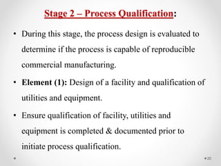 Stage 2 – Process Qualification:
• During this stage, the process design is evaluated to
determine if the process is capable of reproducible
commercial manufacturing.
• Element (1): Design of a facility and qualification of
utilities and equipment.
• Ensure qualification of facility, utilities and
equipment is completed & documented prior to
initiate process qualification.
20
 
