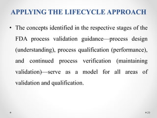 APPLYING THE LIFECYCLE APPROACH
• The concepts identified in the respective stages of the
FDA process validation guidance—process design
(understanding), process qualification (performance),
and continued process verification (maintaining
validation)—serve as a model for all areas of
validation and qualification.
29
 
