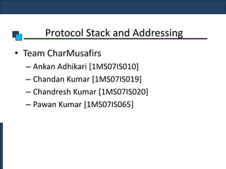 Protocol Stack and Addressing Team CharMusafirs AnkanAdhikari [1MS07IS010] Chandan Kumar [1MS07IS019] Chandresh Kumar [1MS07IS020] Pawan Kumar [1MS07IS065] 