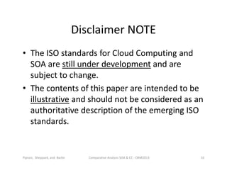 Disclaimer NOTE
• The ISO standards for Cloud Computing and
SOA are still under development and are
subject to change.
• The contents of this paper are intended to be
illustrative and should not be considered as an
authoritative description of the emerging ISO
standards.
Comparative Analysis SOA & CC - ORM2013 10Piprani, Sheppard, and Barbir
 
