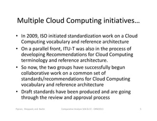 Multiple Cloud Computing initiatives…
• In 2009, ISO initiated standardization work on a Cloud
Computing vocabulary and reference architecture
• On a parallel front, ITU-T was also in the process of
developing Recommendations for Cloud Computing
terminology and reference architecture.
• So now, the two groups have successfully begun
collaborative work on a common set of
standards/recommendations for Cloud Computing
vocabulary and reference architecture
• Draft standards have been produced and are going
through the review and approval process
Comparative Analysis SOA & CC - ORM2013 5Piprani, Sheppard, and Barbir
 