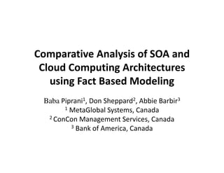 Comparative Analysis of SOA and
Cloud Computing Architectures
using Fact Based Modeling
Baba Piprani1, Don Sheppard2, Abbie Barbir3
1 MetaGlobal Systems, Canada
2 ConCon Management Services, Canada
3 Bank of America, Canada
 