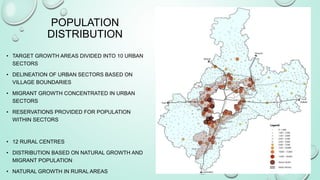 POPULATION
DISTRIBUTION
• TARGET GROWTH AREAS DIVIDED INTO 10 URBAN
SECTORS
• DELINEATION OF URBAN SECTORS BASED ON
VILLAGE BOUNDARIES
• MIGRANT GROWTH CONCENTRATED IN URBAN
SECTORS
• RESERVATIONS PROVIDED FOR POPULATION
WITHIN SECTORS
• 12 RURAL CENTRES
• DISTRIBUTION BASED ON NATURAL GROWTH AND
MIGRANT POPULATION
• NATURAL GROWTH IN RURAL AREAS
 