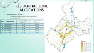 RESIDENTIAL ZONE
ALLOCATIONS
• Average gross density
– Includes land under roads, open spaces and
amenities/ utilities
Sr no Residential zone
Average Gross Density
Dwelling units/ha
Average Gross Density
People/ha
1 Residential IS-R1 50-75 220-150
2 Residential R2 35-50 155-220
3 Residential R3 25-35 110-155
4 Residential R4 15-25 65-110
5 Residential R5 10-15 45-65
 