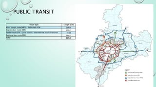 PUBLIC TRANSIT
Route type Length (km)
Mass transit route(MRT) - dedicated ROW 214.68
Express bus route (EBR) 290.23
Feeder route (FR) - para-transit/ intermediate public transport 59.28
Regional bus route(RBR) 293.11
Total 857.30
 