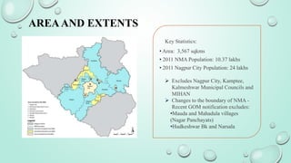 AREAAND EXTENTS
Key Statistics:
• Area: 3,567 sqkms
• 2011 NMA Population: 10.37 lakhs
• 2011 Nagpur City Population: 24 lakhs
 Excludes Nagpur City, Kamptee,
Kalmeshwar Municipal Councils and
MIHAN
 Changes to the boundary of NMA -
Recent GOM notification excludes:
•Mauda and Mahadula villages
(Nagar Panchayats)
•Hudkeshwar Bk and Narsala
 