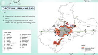 GROWING URBAN AREAS
• 22 Census Towns and areas surrounding
them
• Villages such as Besa-Beltarodi, Kapsi,
Jamtha are fast growing, urbanizing areas
 