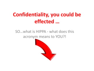 Confidentiality, you could be
effected …
SO…what is HIPPA - what does this
acronym means to YOU?!
 