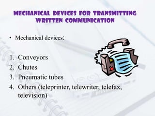MECHANICAL DEVICES FOR TRANSMITTING
WRITTEN COMMUNICATION
• Mechanical devices:

1.
2.
3.
4.

Conveyors
Chutes
Pneumatic tubes
Others (teleprinter, telewriter, telefax,
television)

 