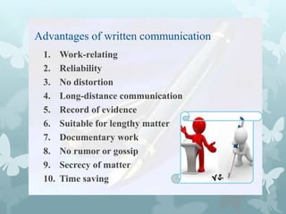 Advantages of written communication
1.
2.
3.
4.
5.
6.
7.
8.
9.
10.

Work-relating
Reliability
No distortion
Long-distance communication
Record of evidence
Suitable for lengthy matter
Documentary work
No rumor or gossip
Secrecy of matter
Time saving

 