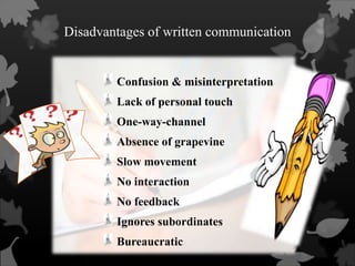 Disadvantages of written communication

Confusion & misinterpretation
Lack of personal touch
One-way-channel
Absence of grapevine
Slow movement
No interaction
No feedback
Ignores subordinates
Bureaucratic

 