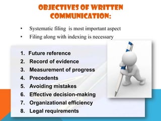 OBJECTIVES OF WRITTEN
COMMUNICATION:
•

Systematic filing is most important aspect

•

Filing along with indexing is necessary

1. Future reference
2. Record of evidence

3. Measurement of progress
4. Precedents
5. Avoiding mistakes
6. Effective decision-making
7. Organizational efficiency
8. Legal requirements

 