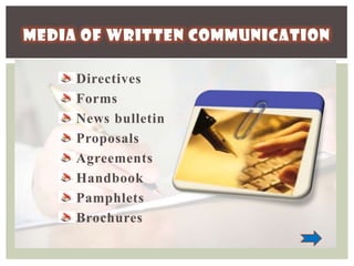 MEDIA OF WRITTEN COMMUNICATION
Directives
Forms
News bulletin
Proposals
Agreements
Handbook
Pamphlets
Brochures

 