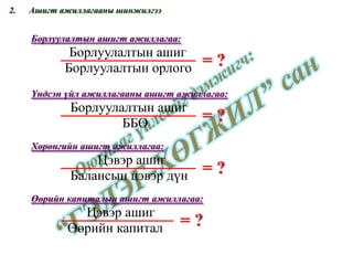 Ашигт ажиллагааны шинжилгээ = ? Борлуулалтын ашигт ажиллагаа: = ? Үндсэн үйл ажиллагааны ашигт ажиллагаа: = ? Хөрөнгийн ашигт ажиллагаа: = ? Өөрийн капиталын ашигт ажиллагаа: Борлуулалтын ашиг Борлуулалтын орлого Борлуулалтын ашиг ББӨ Цэвэр ашиг Балансын цэвэр дүн Цэвэр ашиг Өөрийн капитал 