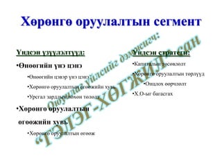 Хөрөнгө оруулалтын сегмент Үндсэн үзүүлэлтүүд: Өнөөгийн үнэ цэнэ Өнөөгийн цэвэр үнэ цэнэ Хөрөнгө оруулалтын өгөөжийн хувь Урсгал зардлын нөхөн төлөлт Хөрөнгө оруулалтын өгөөжийн хувь Хөрөнгө оруулалтын өгөөж Үндсэн стратеги: Капиталын төсөвлөлт Хөрөнгө оруулалтын төрлүүд Онцлох өөрчлөлт Х.О-ыг багасгах 