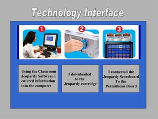 Technology Interface Using the Classroom Jeopardy Software I entered information into the computer I downloaded  to the  Jeopardy cartridge I connected the Jeopardy Scoreboard To the  Permithean Board 