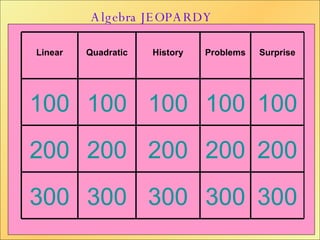 Algebra JEOPARDY 300 300 300 300 300 200 200 200 200 200 100 100 100 100 100 Surprise Problems History Quadratic Linear 