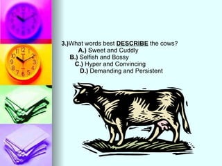 3.) What words best  DESCRIBE  the cows?  A.)  Sweet and Cuddly  B.)  Selfish and Bossy  C.)  Hyper and Convincing  D.)  Demanding and Persistent  