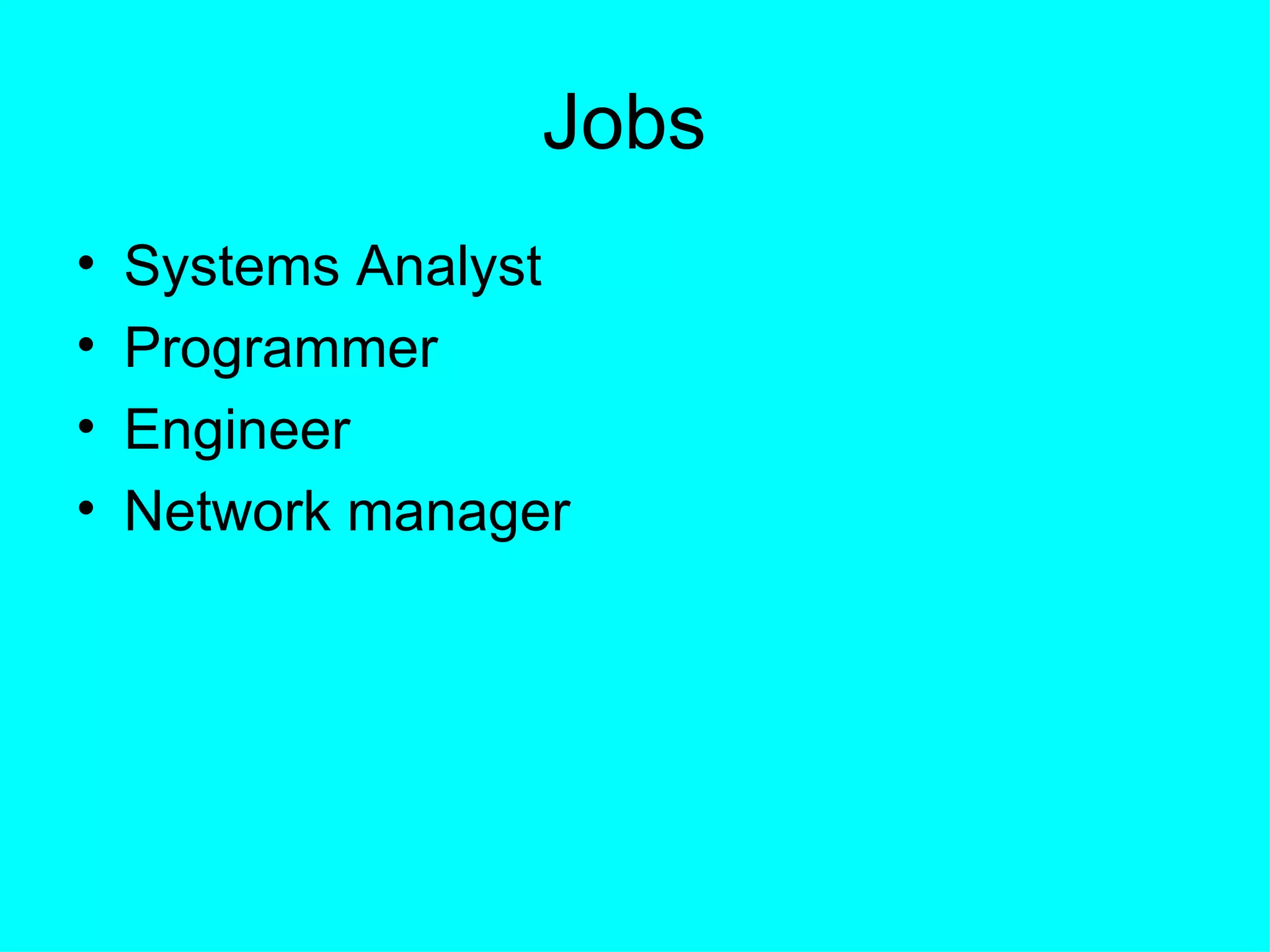 Jobs  Systems Analyst  Programmer  Engineer Network manager  