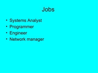 Jobs  Systems Analyst  Programmer  Engineer Network manager  