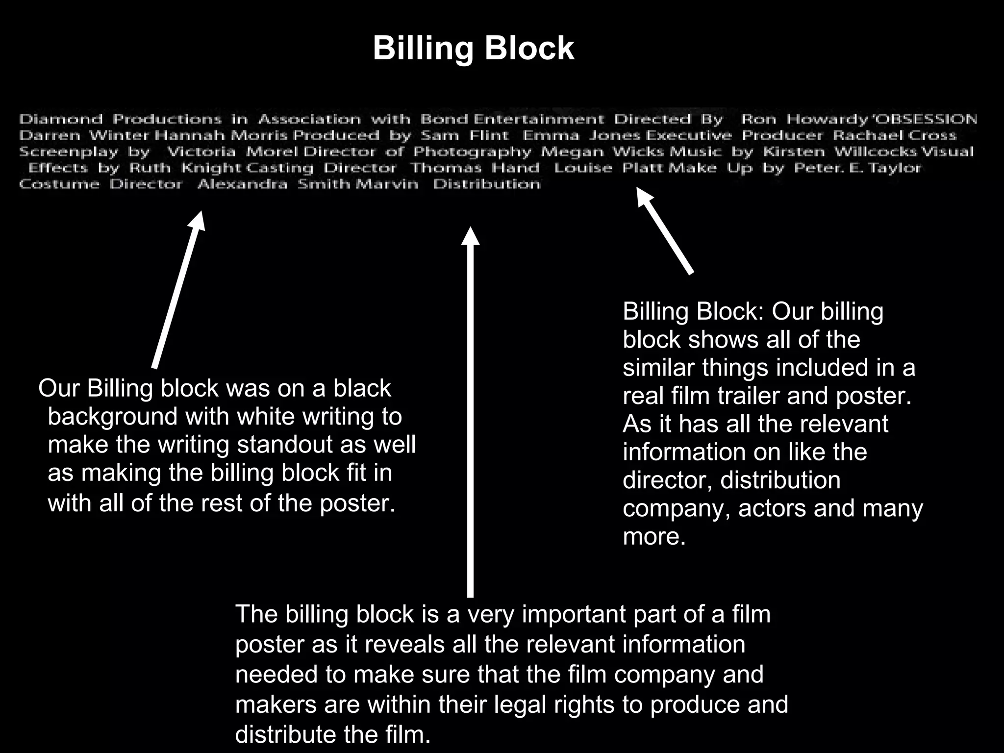 Billing Block: Our billing block shows all of the similar things included in a real film trailer and poster. As it has all the relevant information on like the director, distribution company, actors and many more. Our Billing block was on a black background with white writing   to make the writing standout as well as making the billing block fit in with all of the rest of the poster.   The billing block is a very important part of a film poster as it reveals all the relevant information needed to make sure that the film company and makers are within their legal rights to produce and distribute the film.  Billing Block  