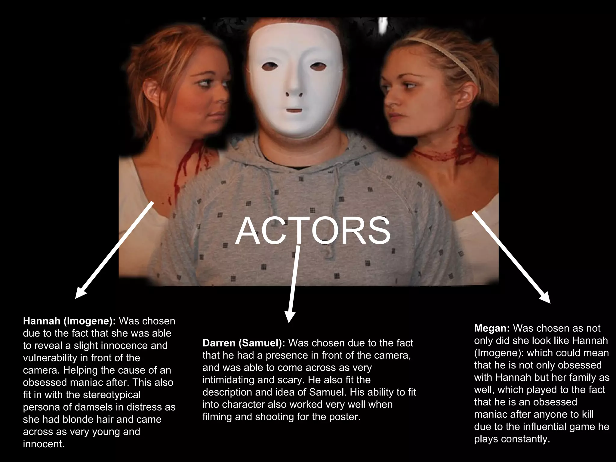 ACTORS Actors  Darren (Samuel):  Was chosen due to the fact that he had a presence in front of the camera, and was able to come across as very intimidating and scary. He also fit the description and idea of Samuel. His ability to fit into character also worked very well when filming and shooting for the poster.   Hannah (Imogene):  Was chosen due to the fact that she was able to reveal a slight innocence and vulnerability in front of the camera. Helping the cause of an obsessed maniac after. This also fit in with the stereotypical persona of damsels in distress as she had blonde hair and came across as very young and innocent.  Megan:  Was chosen as not only did she look like Hannah (Imogene): which could mean that he is not only obsessed with Hannah but her family as well, which played to the fact that he is an obsessed maniac after anyone to kill due to the influential game he plays constantly.  