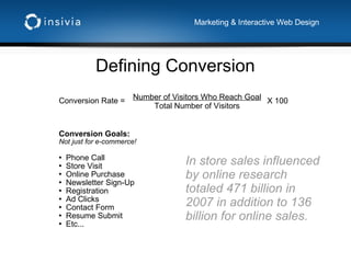 Defining Conversion Marketing & Interactive Web Design Conversion Rate =  Number of Visitors Who Reach Goal Total Number of Visitors X 100 Conversion Goals: Not just for e-commerce! Phone Call Store Visit Online Purchase Newsletter Sign-Up Registration Ad Clicks Contact Form Resume Submit Etc... In store sales influenced by online research totaled 471 billion in 2007 in addition to 136 billion for online sales. 
