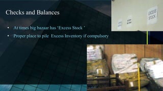 Checks and Balances

• At times big bazaar has ‘Excess Stock ’
• Proper place to pile Excess Inventory if compulsory
 