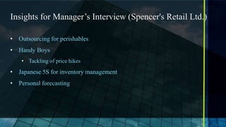 Insights for Manager’s Interview (Spencer's Retail Ltd.)

• Outsourcing for perishables
• Handy Boys
    • Tackling of price hikes
• Japanese 5S for inventory management
• Personal forecasting
 