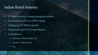 Indian Retail Industry

•   4th Most attractive among emerging markets
•   Contributes to 12% to GDP of India
•   Employees 25 Million people
•   Organized retail 5% of total Market
•   Lead players
     • Pantaloon Retail India Ltd.
     • Spencer’s Retail Ltd.
     • Etc.
 