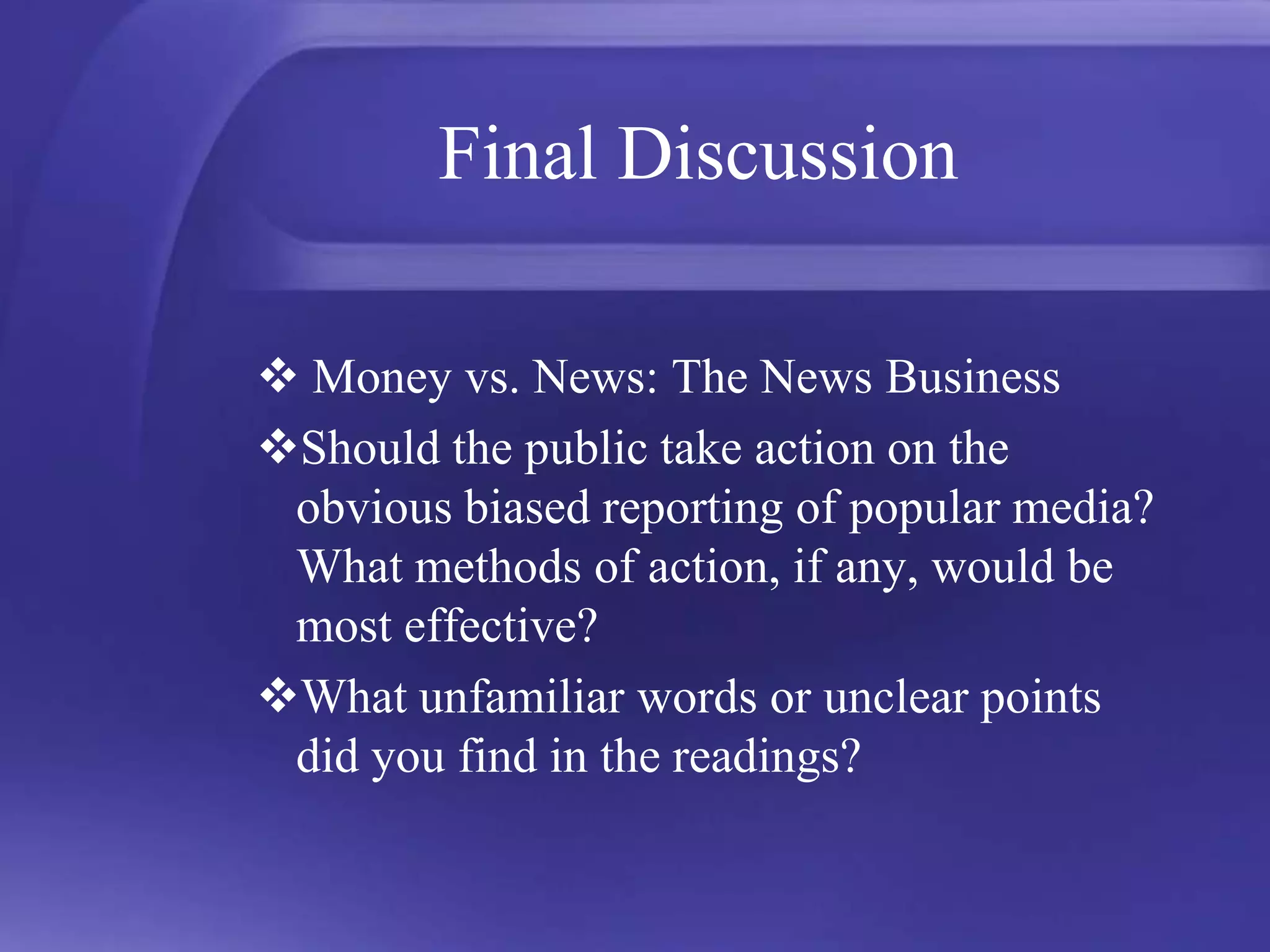 How does expressing opinions differ from reporting facts in the media? Should one be favored over the other? Foxism  & CNNismHow does the news shape the way we see the worldhttp://www.ted.com/talks/lang/eng/alisa_miller_shares_the_news_about_the_news.htmlAlisa Miller